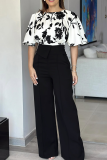 Black Casual Print Patchwork O Neck Half Sleeve Two Pieces