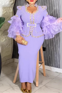 Purple Elegant Solid Color Hollow Out With Belt U Neck Evening Plus Size Dresses