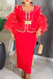 Red Elegant Solid Color Hollow Out With Belt U Neck Evening Plus Size Dresses