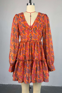Tangerine Elegant Print Patchwork V Neck Printed Dresses