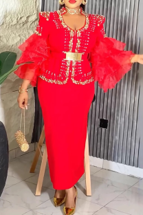 Red Elegant Solid Color Hollow Out With Belt U Neck Evening Plus Size Dresses