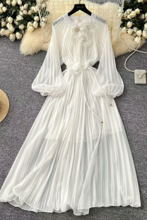 White Elegant Solid Color Beading Strap Design Flower Shape O Neck Long Dresses
