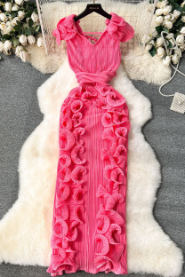 Pink Elegant Solid Color Stringy Selvedge V Neck Long Dresses