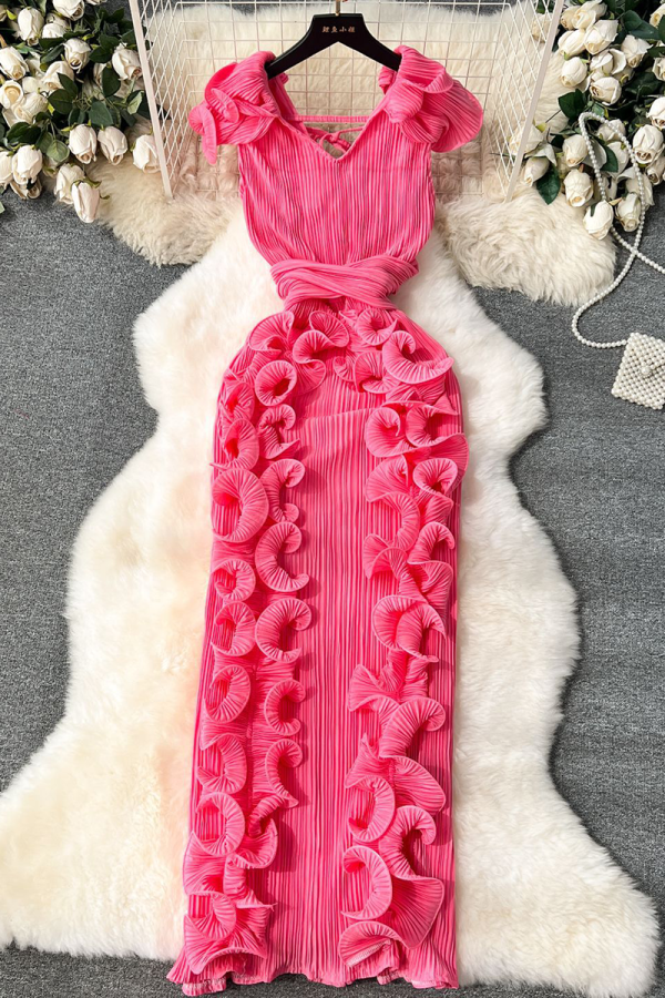 Pink Elegant Solid Color Stringy Selvedge V Neck Long Dresses