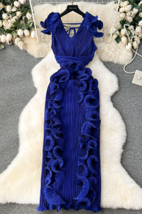 Dark Blue Elegant Solid Color Stringy Selvedge V Neck Long Dresses