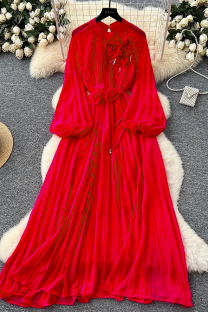 Red Elegant Solid Color Beading Strap Design Flower Shape O Neck Long Dresses