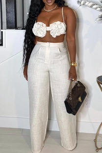White Sexy Solid Color Backless Flower Shape Spaghetti Strap Sleeveless Two Pieces