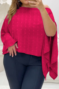 Rose Red Casual Polka Dot Irregular Hem Oblique Collar Plus Size Tops