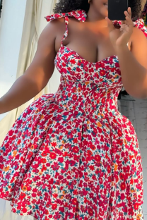 Red Sexy Print Bow Decor Spaghetti Strap Printed Dresses