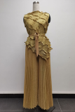 Green Elegant Solid Color Pleated Irregular Hem O Neck Sleeveless Two Pieces