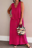 Rose Red Casual Polka Dot Buckle V Neck Plus Size Two Pieces