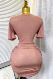 Pink Sexy Solid Color Ruched V Neck Wrapped Skirt Dresses