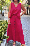 Rose Red Casual Polka Dot Buckle V Neck Plus Size Two Pieces