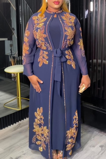 Blue Casual Hot Drill O Neck Long Plus Size Two Pieces