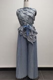 Green Elegant Solid Color Pleated Irregular Hem O Neck Sleeveless Two Pieces