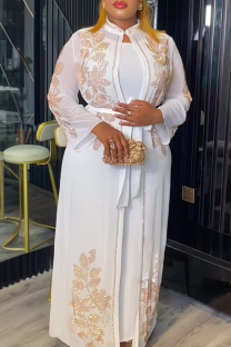 White Casual Hot Drill O Neck Long Plus Size Two Pieces