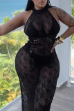 Black Sexy Solid Color Backless Halter Long Dresses