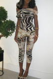 Black Sexy Print Patchwork Off Shoulder Short Sleeve Two Pieces