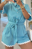 Khaki Casual Buckle Strap Design Turndown Collar Regular Rompers