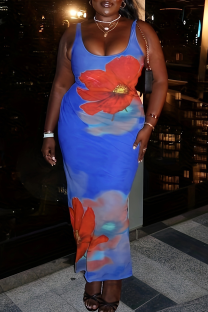 Blue Casual Print Patchwork U Neck Long Plus Size Dresses