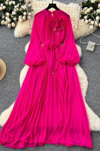 Rose Red Elegant Solid Color Beading Strap Design Flower Shape O Neck Long Dresses