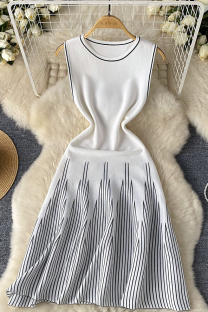 White Casual Stripe Patchwork O Neck Sleeveless Dresses