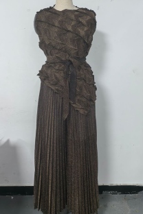 Brown Elegant Solid Color Pleated Irregular Hem O Neck Sleeveless Two Pieces