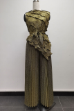 Green Elegant Solid Color Pleated Irregular Hem O Neck Sleeveless Two Pieces