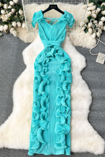 Lake Blue Elegant Solid Color Stringy Selvedge V Neck Long Dresses