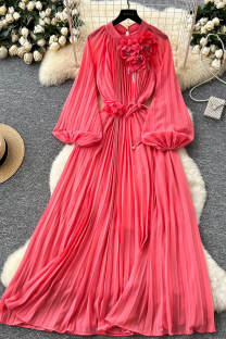 Pink Elegant Solid Color Beading Strap Design Flower Shape O Neck Long Dresses