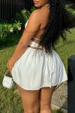 White Sexy Solid Color Hollow Out Backless Pearls Decor Spaghetti Strap Sling Dresses