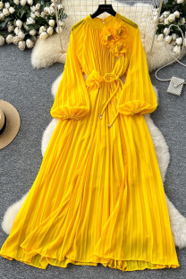 Yellow Elegant Solid Color Beading Strap Design Flower Shape O Neck Long Dresses
