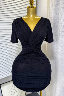 Black Sexy Solid Color Ruched V Neck Wrapped Skirt Dresses