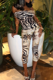 Black Sexy Print Patchwork Off Shoulder Short Sleeve Two Pieces