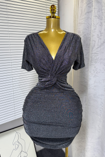 Grey Sexy Solid Color Ruched V Neck Wrapped Skirt Dresses