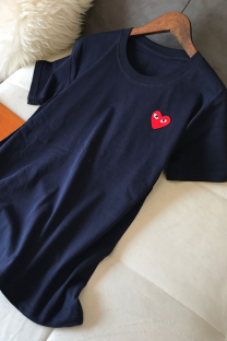 Tibetan Blue Casual Heart Shaped Patchwork O Neck T-Shirts