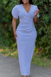 White Elegant Solid Color Slit Hot Drill V Neck Wrapped Skirt Dresses