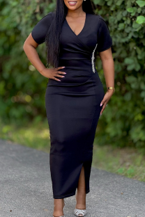 Black Elegant Solid Color Slit Hot Drill V Neck Wrapped Skirt Dresses