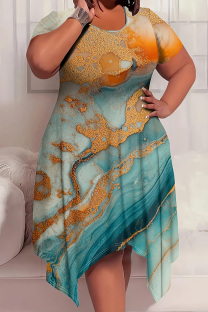 Green Casual Print Patchwork O Neck Irregular Plus Size Dresses