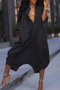 Black Casual Solid Color Pocket Buckle Turndown Collar Loose Jumpsuits