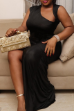 Black Sexy Solid Color Hollow Out Slit Asymmetrical Collar Long Dresses