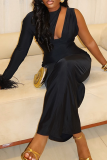Black Elegant Solid Color Hollow Out Fluffy O Neck Long Dresses