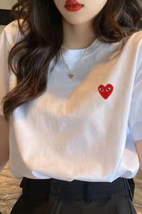 White Red Casual Heart Shaped Patchwork O Neck T-Shirts