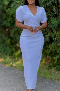 White Elegant Solid Color Slit Hot Drill V Neck Wrapped Skirt Dresses