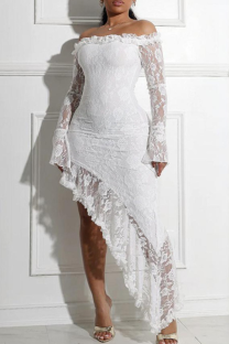 White Sexy Solid Color Lace Ruffled Trim Off Shoulder Irregular Dresses
