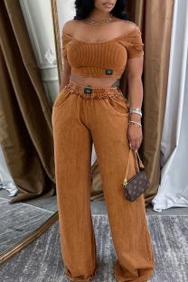 Brown Casual Solid Color Pocket O Neck Short Sleeve Two Pieces