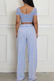 Light Blue Casual Solid Color Pocket O Neck Short Sleeve Two Pieces