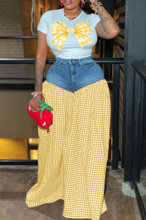 Yellow Casual Print Patchwork O Neck Short Sleeve Two Pieces