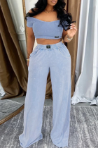 Light Blue Casual Solid Color Pocket O Neck Short Sleeve Two Pieces
