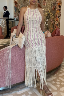 White Vacation Stripe Fringed Trim Swimwears Cover Up